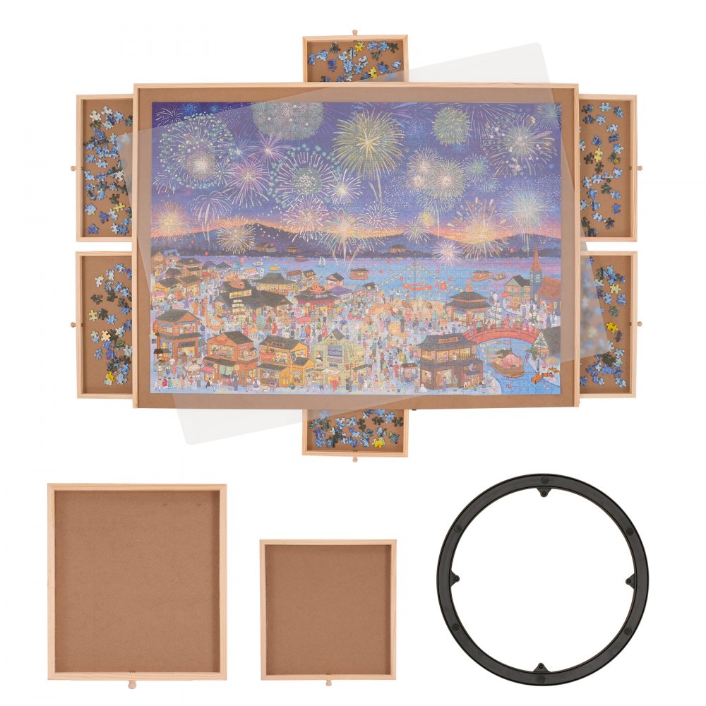 VEVOR puzzle board with completed colorful fireworks puzzle, detachable trays, and clear cover sheet.