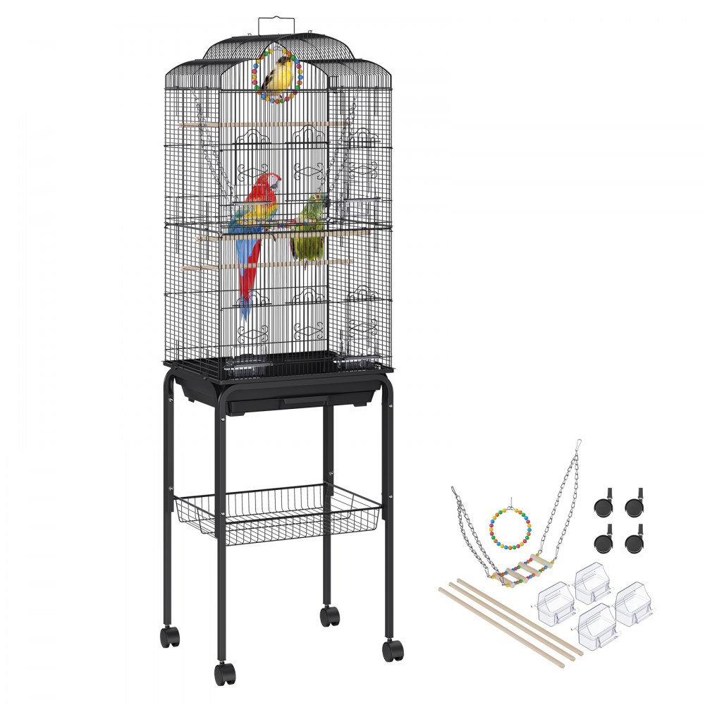VEVOR Cușcă pentru păsări de zbor de 60 de inchi, cuști mari de metal pentru perusi pentru calopsiți papagali, păsări, canari, cușcă mare pentru păsări pentru animale de companie cu suport de rulare și jucării agățate