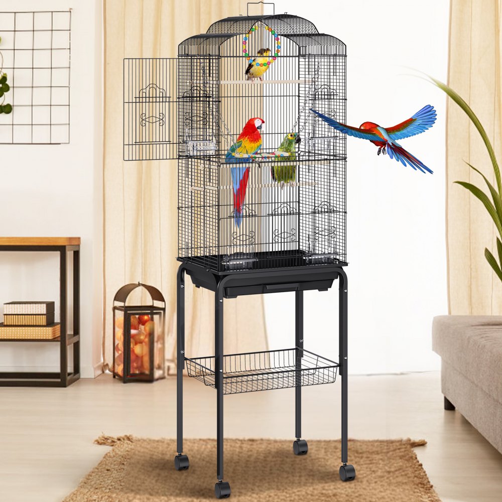 VEVOR flight bird cage with colorful parrots and toys in a cozy, well-decorated living room setting.