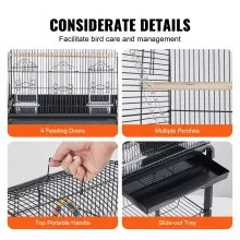 Jaula para pájaros de 60 pulgadas de VEVOR, jaulas grandes de metal para periquitos, cacatúas, loros, periquitos, agapornis y canarios, jaula grande para pájaros con soporte rodante y juguetes colgantes