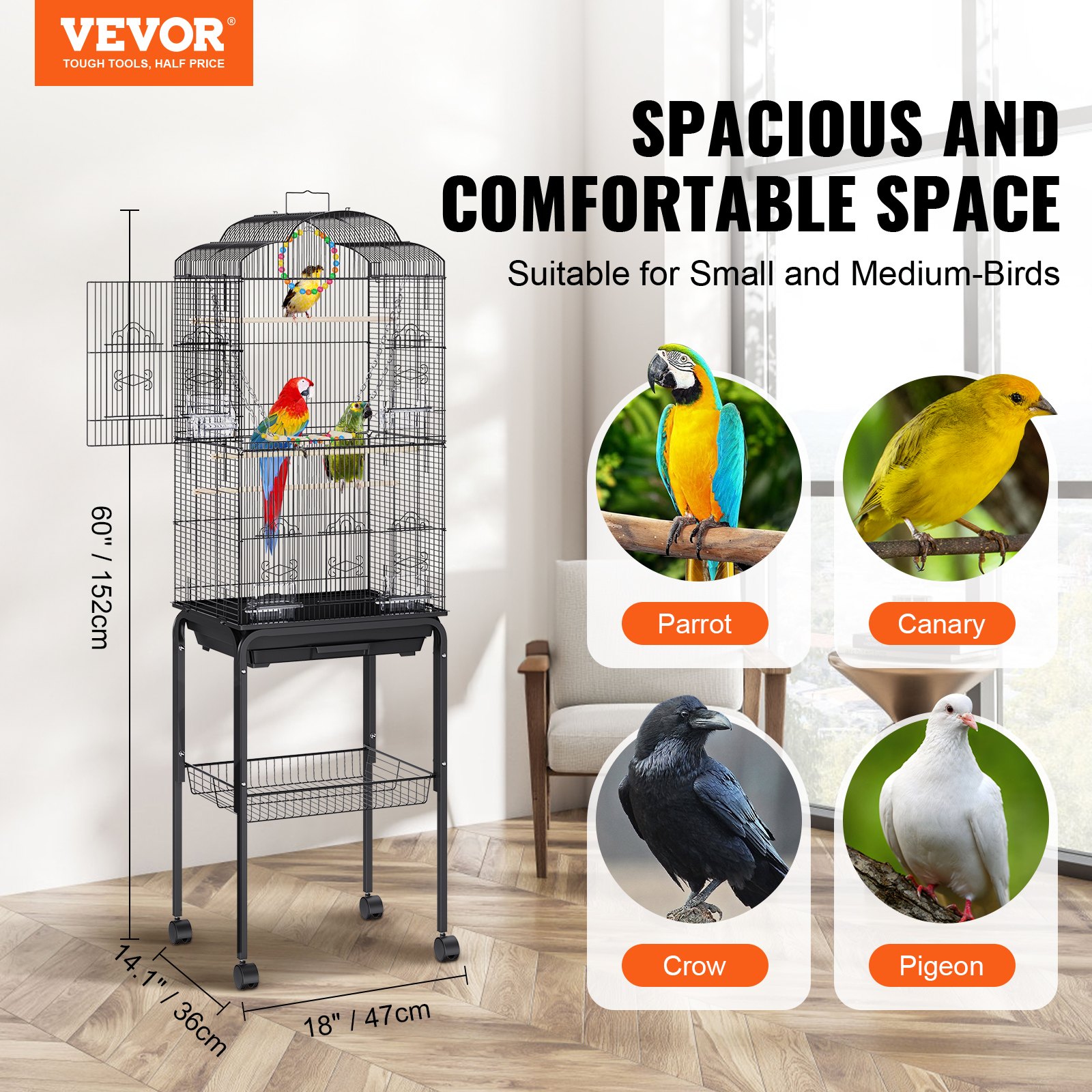 VEVOR 60 inch Flight Bird Cage, Metal Large Parakeet Cages for Cockatiels Parrot Budgies Lovebirds Canaries, Pet Big Bird Cage with Rolling Stand and Hanging Toys