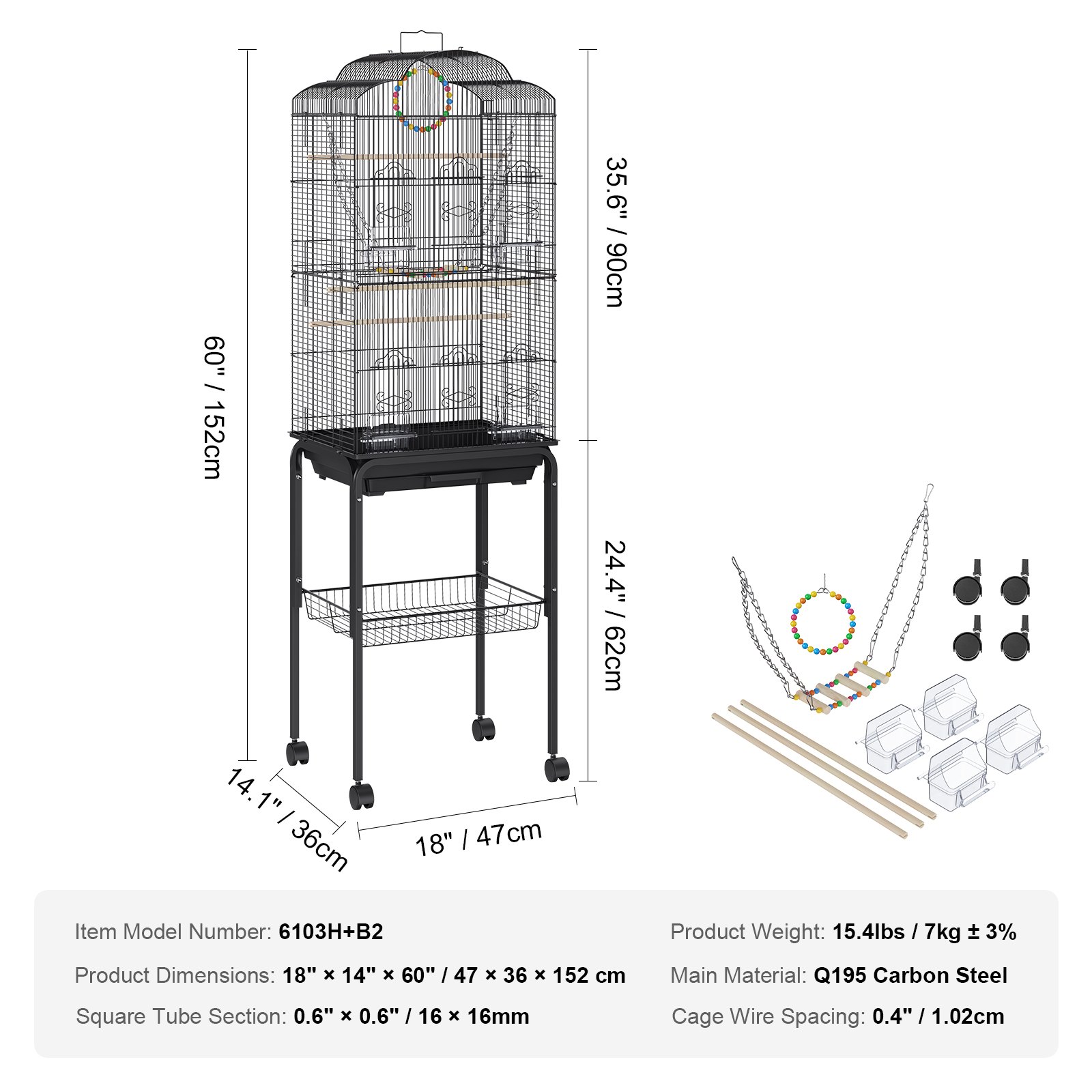 VEVOR 60 inch Flight Bird Cage, Metal Large Parakeet Cages for Cockatiels Parrot Budgies Lovebirds Canaries, Pet Big Bird Cage with Rolling Stand and Hanging Toys