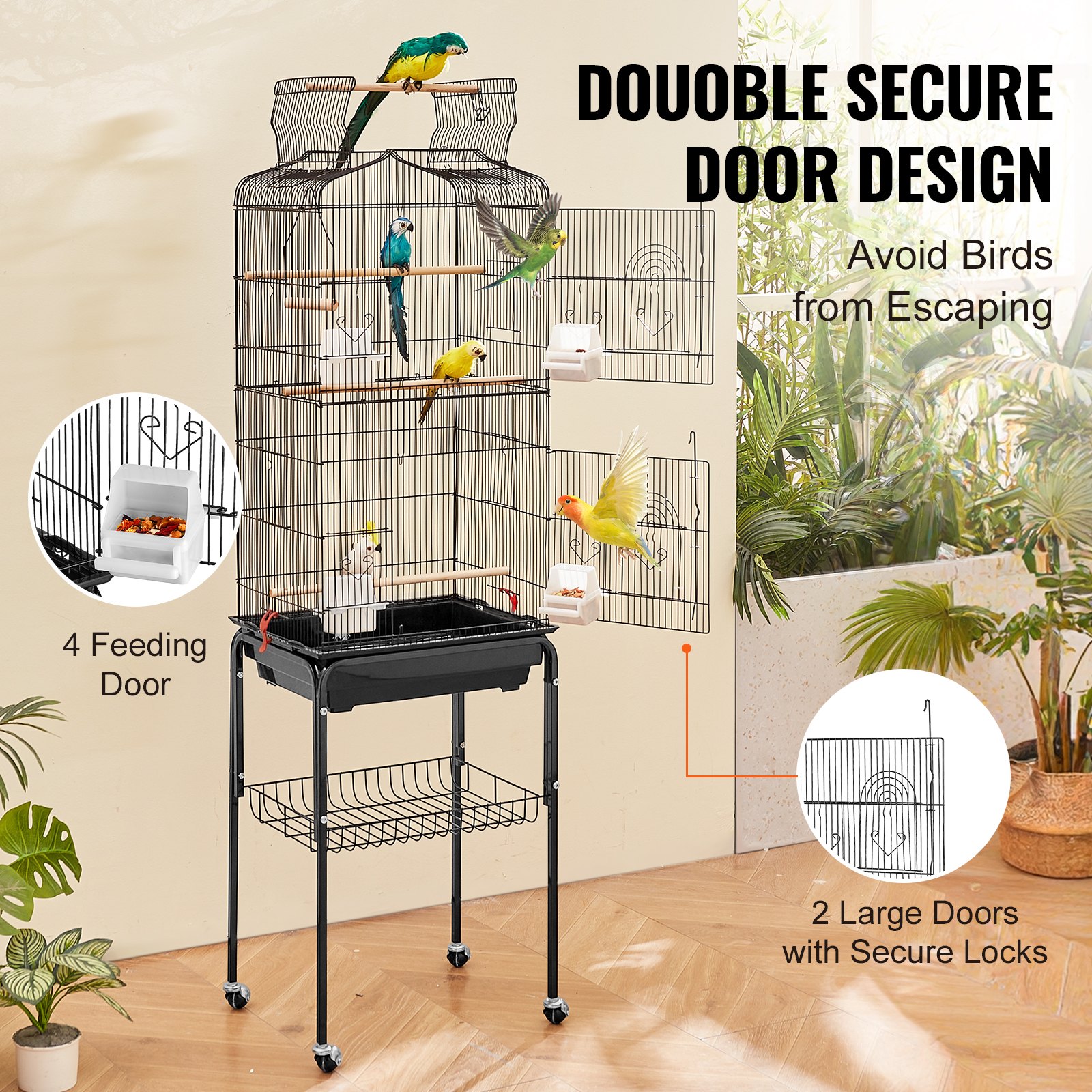 VEVOR Large Bird Cage, 163cm, Open Top Parakeet Cage with Rolling Stand,  Steel Bird Flight Cage with Removable Tray, Budgie Birdcage with 4 Perches, Parrot Cage for Lovebirds Cockatiels Pet Toy