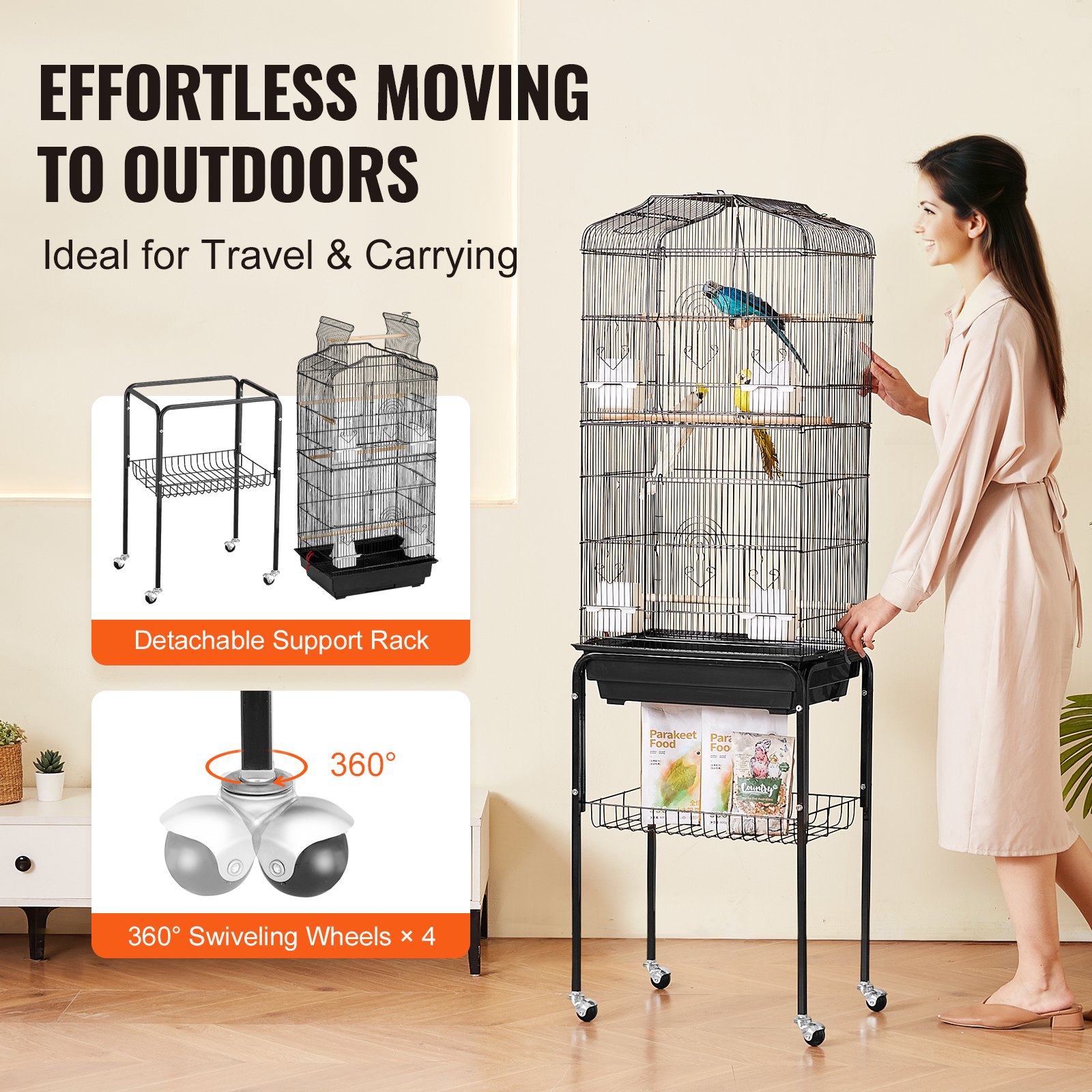 VEVOR Large Bird Cage, 163cm, Open Top Parakeet Cage with Rolling Stand,  Steel Bird Flight Cage with Removable Tray, Budgie Birdcage with 4 Perches, Parrot Cage for Lovebirds Cockatiels Pet Toy