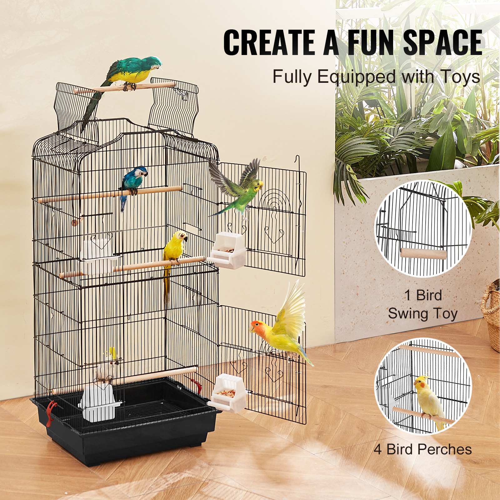VEVOR 41-inch Open Top Large Parrot Bird Cage, Hanging Bird Cage for Parakeets Finches Canaries Lovebirds Cockatiels Budgies Small Quaker Conures Travel Pet Flight Birdcage with Swing and Perch