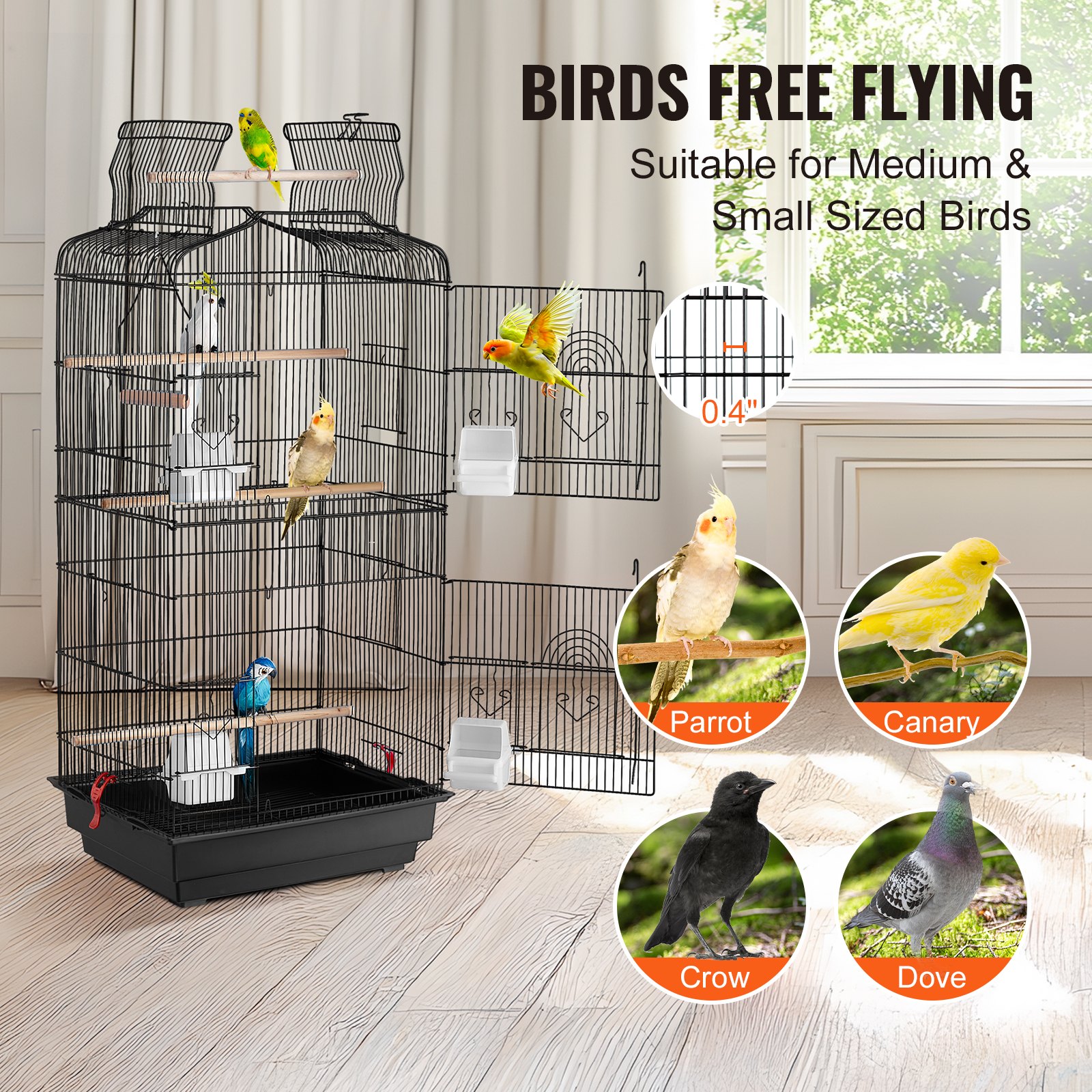 VEVOR 104cm Open Top Large Parrot Bird Cage, Hanging Bird Cage for Parakeets Finches Canaries Lovebirds Cockatiels Budgies Small Quaker Conures Travel Pet Flight Birdcage with Swing and Perch