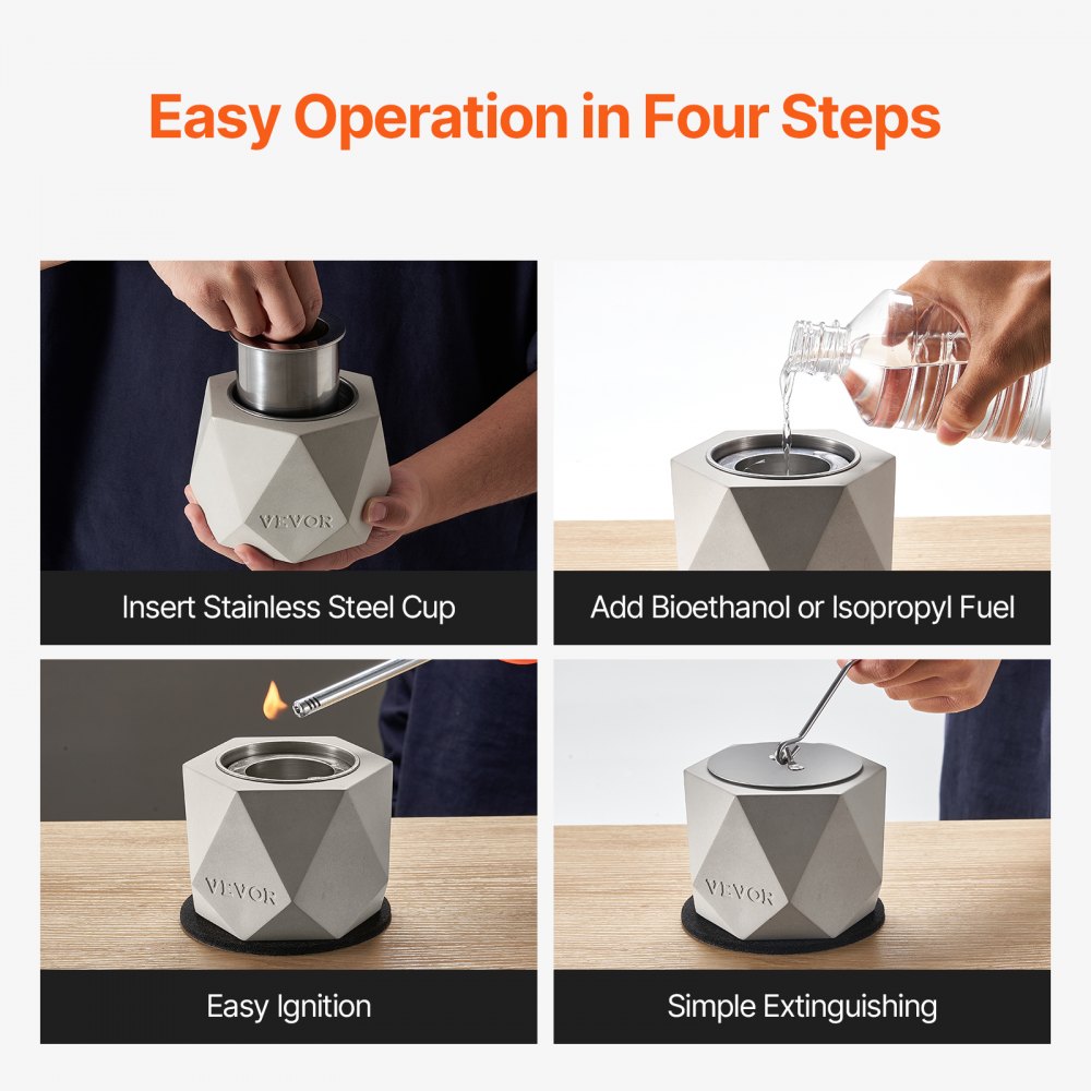 VEVOR Tabletop Fire Pit Bowl, Concrete Tabletop Fireplace Indoor Outdoor Decor, Portable Rubbing Alcohol Burner Smores Maker, Mini Fire Pit for Patio Balcony with Extinguisher Light Gray