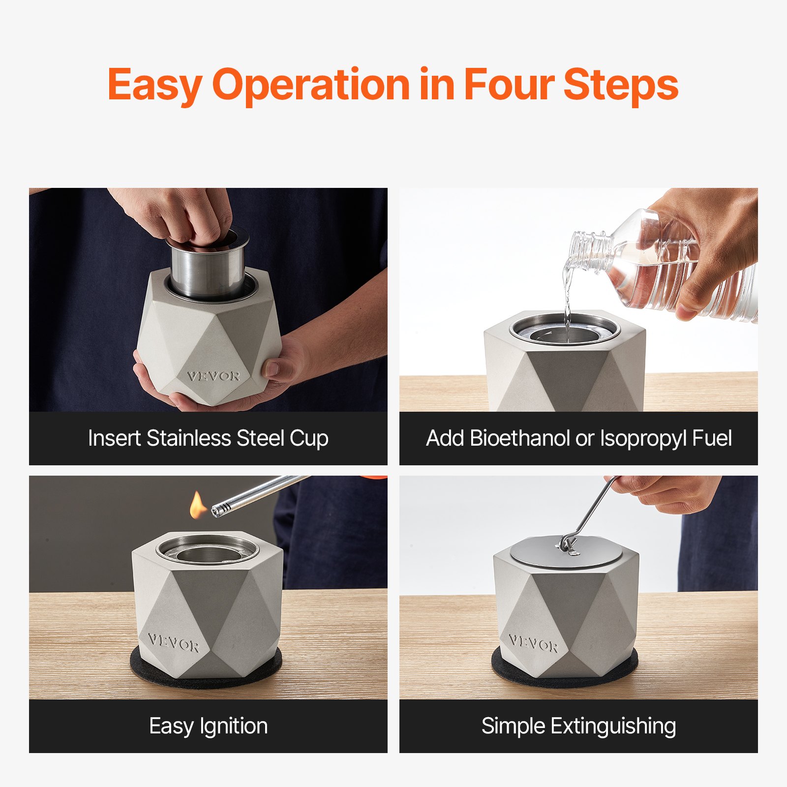 VEVOR Tabletop Fire Pit Bowl, Concrete Tabletop Fireplace Indoor Outdoor Decor, Portable Rubbing Alcohol Burner Smores Maker, Mini Fire Pit for Patio Balcony with Extinguisher Light Gray