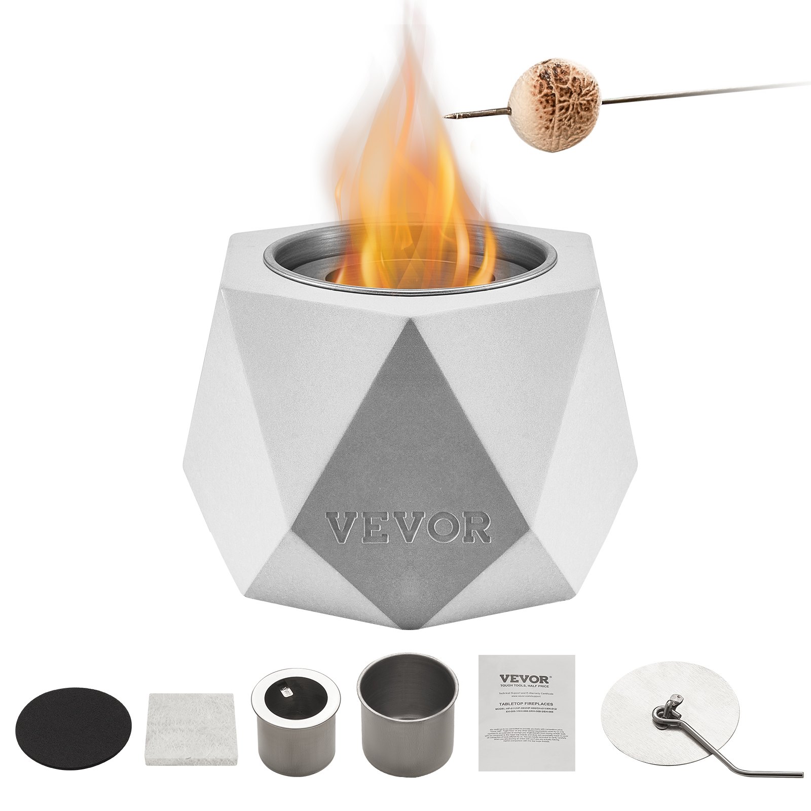 VEVOR Tabletop Fire Pit Bowl, Concrete Tabletop Fireplace Indoor Outdoor Decor, Portable Rubbing Alcohol Burner Smores Maker, Mini Fire Pit for Patio Balcony with Extinguisher Light Gray