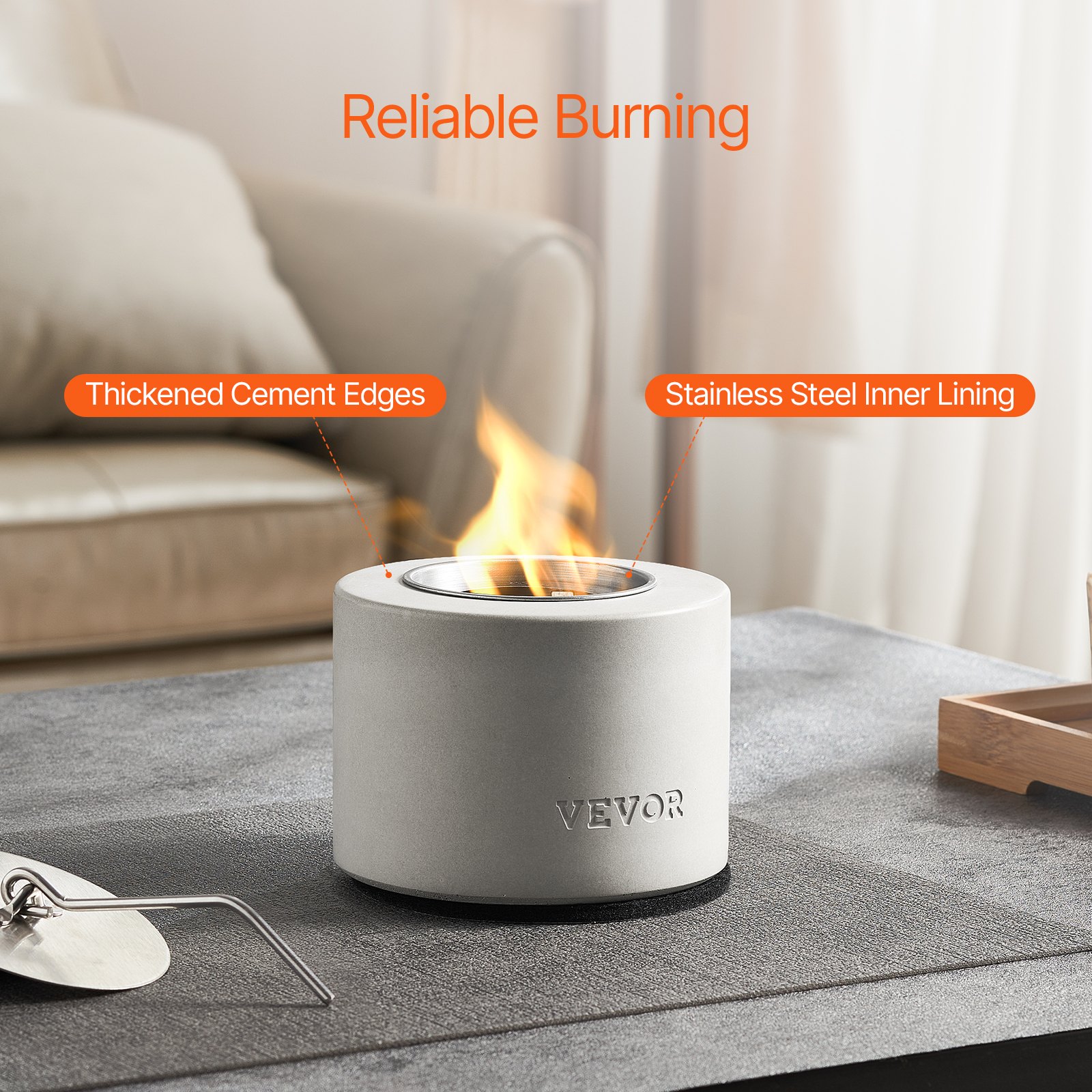 VEVOR Tabletop Fire Pit Bowl, Concrete Tabletop Fireplace Indoor Outdoor Decor, Portable Rubbing Alcohol Burner Smores Maker, for Patio Balcony with Extinguisher Cover,Cylinder Light Gray