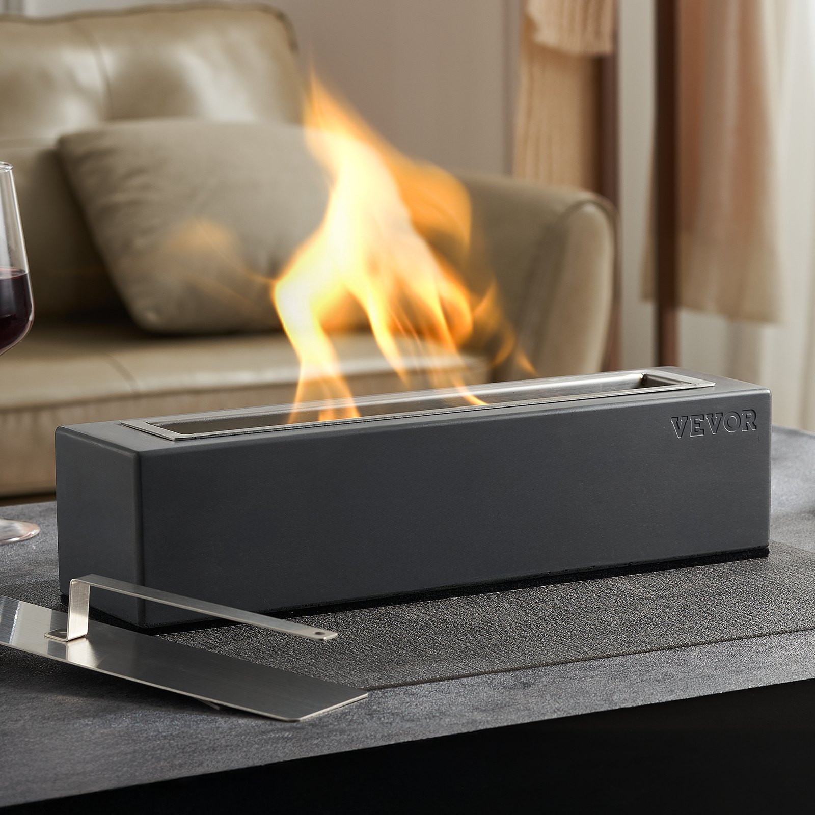 VEVOR Tabletop Fire Pit Bowl, 15 inch Concrete Tabletop Fireplace Indoor Outdoor Decor, Portable Rubbing Alcohol Burner Smores Maker, for Patio Balcony with Extinguisher Cover,Square Light Gray