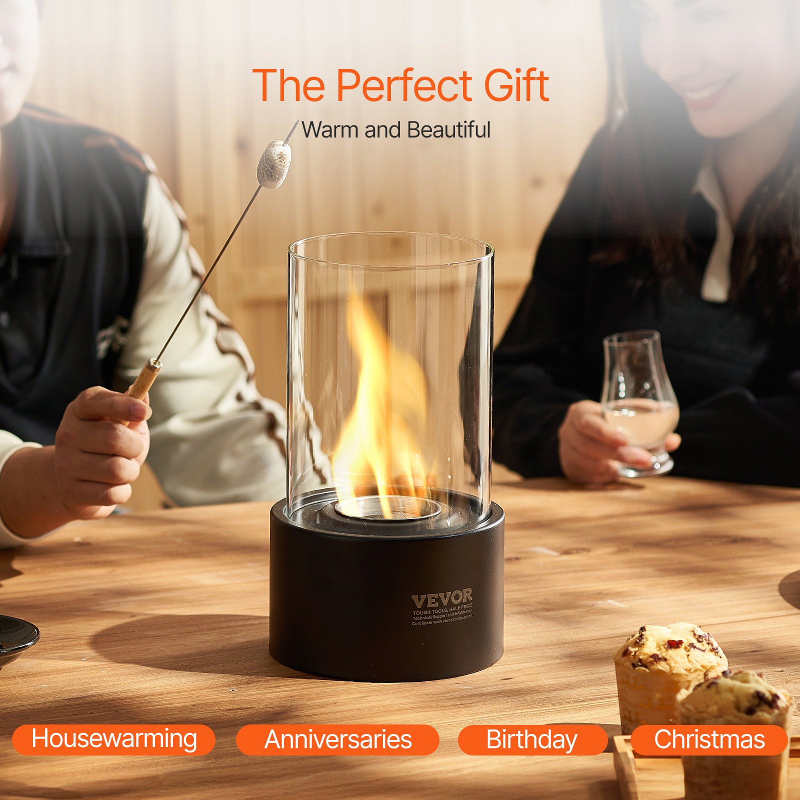 VEVOR Tabletop Fire Pit, 6 inch Metal Tabletop Fireplace Indoor Outdoor Decor, Portable Rubbing Alcohol Burner Smores Maker with Glass, for Patio Balcony with Extinguisher Cover,2.03lbs