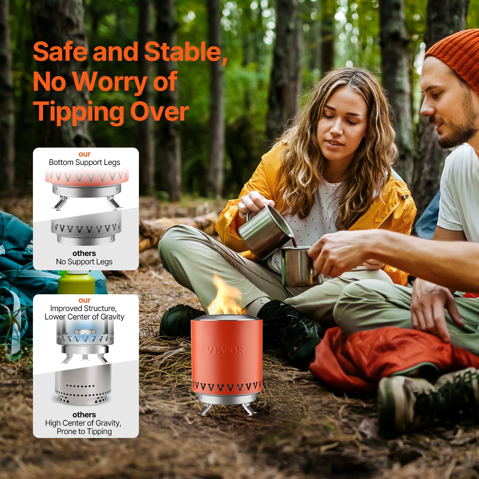 VEVOR Tabletop Fire Pit,6 inch Stainless Steel Tabletop Fireplace Indoor Outdoor,Portable Rubbing Burner Smores Maker with Stand,Wood Burning or Pellet Fueled for Camping,Patiog,Cylinder Red 1.96 lbs