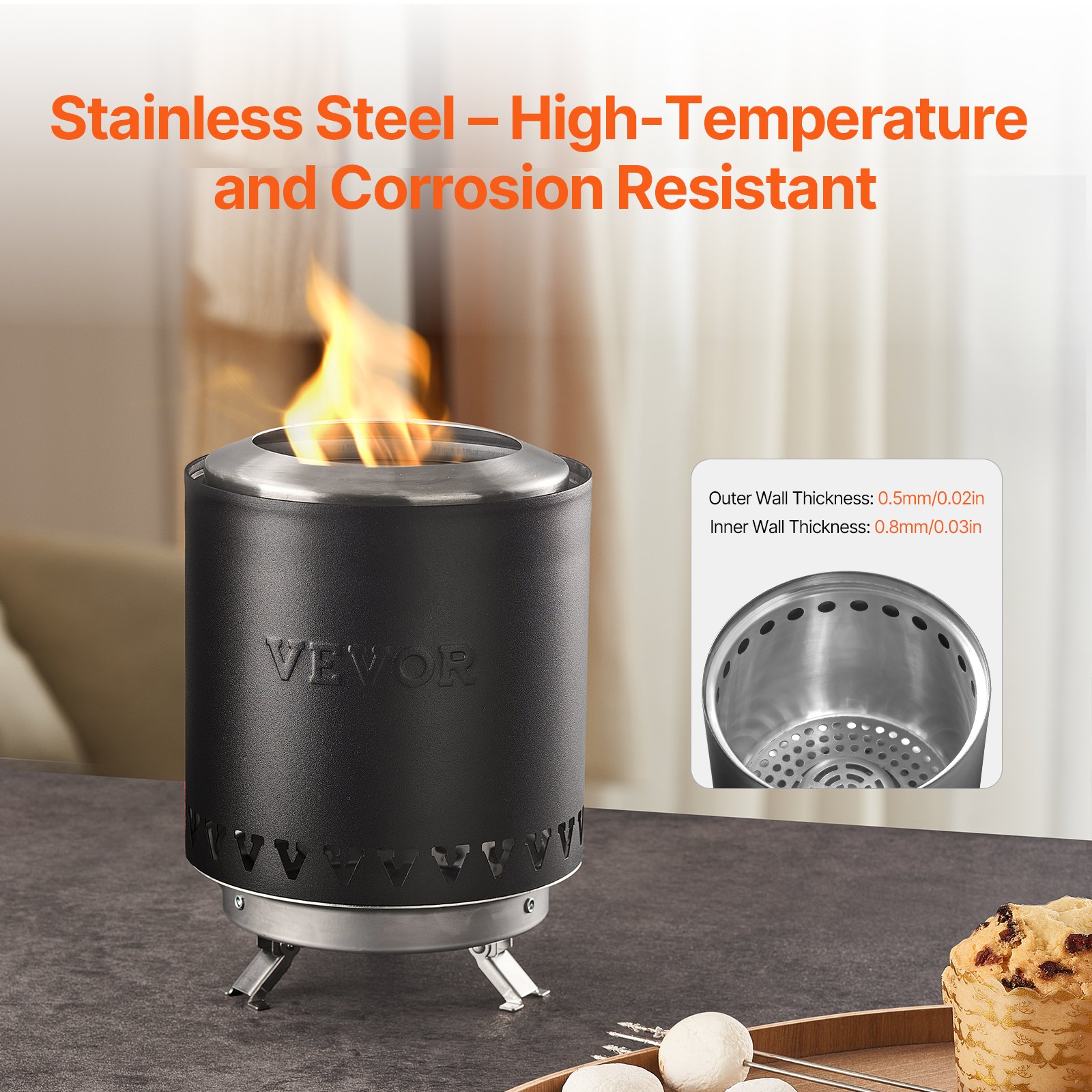 VEVOR Tabletop Fire Pit,6 inch Stainless Steel Tabletop Fireplace Indoor Outdoor,Portable Rubbing Burner Smores Maker with Stand,Wood Burning or Pellet Fueled for Camping,Patio,Cylinder Black 1.96 lbs