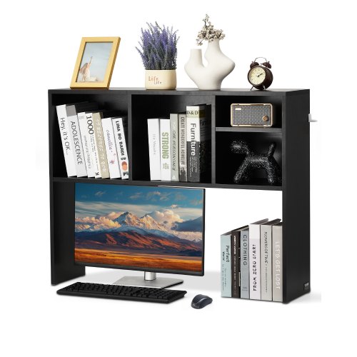 VEVOR Desktop Bookshelf, 1-Tier Desktop Storage Organizer, 37" x 9.4" x 28.7" Office Storage Rack Wood Display Shelf, Desktop Bookshelf Hutch with Anti-Slip Feet Pads, for Office, Home & Dorm, Black