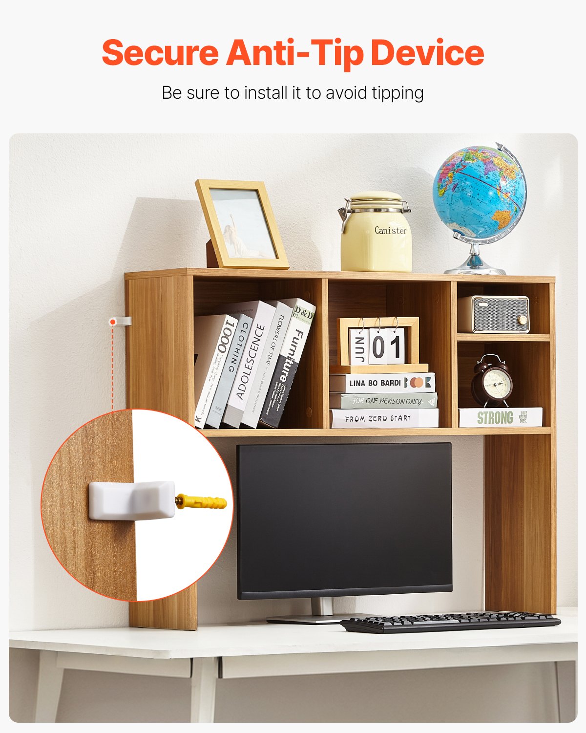 VEVOR Desktop Bookshelf, 1-Tier Wood Desktop Storage Organizer, 37" x 9.4" x 28.7" Office Storage Rack Wood Display Shelf, Desktop Bookshelf Hutch with Anti-Slip Feet Pads, for Office, Home & Dorm