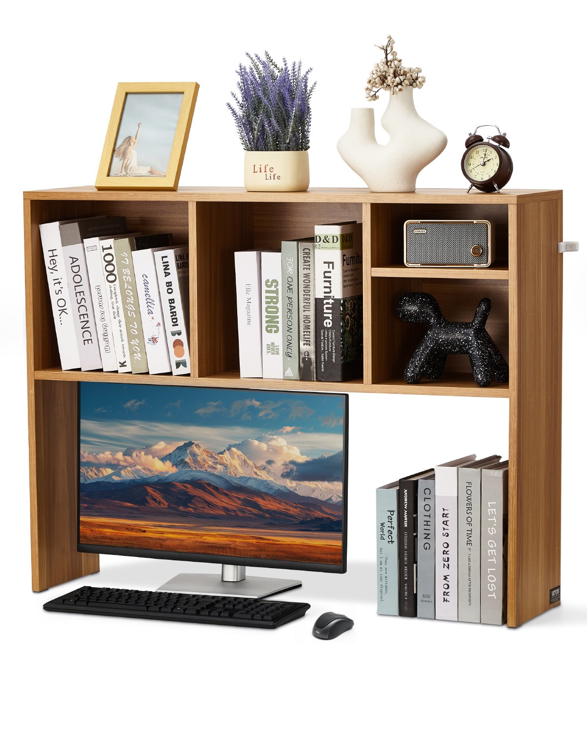 VEVOR Desktop Bookshelf, 1-Tier Wood Desktop Storage Organizer, 37" x 9.4" x 28.7" Office Storage Rack Wood Display Shelf, Desktop Bookshelf Hutch with Anti-Slip Feet Pads, for Office, Home & Dorm