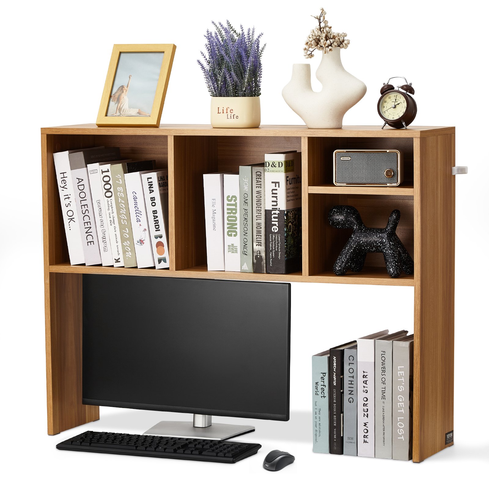 VEVOR Desktop Bookshelf, 1-Tier Wood Desktop Storage Organizer, 37" x 9.4" x 28.7" Office Storage Rack Wood Display Shelf, Desktop Bookshelf Hutch with Anti-Slip Feet Pads, for Office, Home & Dorm