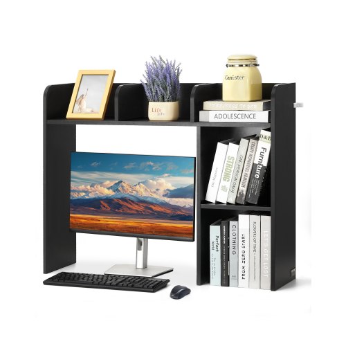 VEVOR Desktop Bookshelf, 2-Tier Desktop Storage Organizer, 37.2" x 9.5" x 28.9" Office Storage Rack Wood Display Shelf, Desktop Bookshelf Hutch with Anti-Slip Feet Pads, for Office, Home & Dorm, Black
