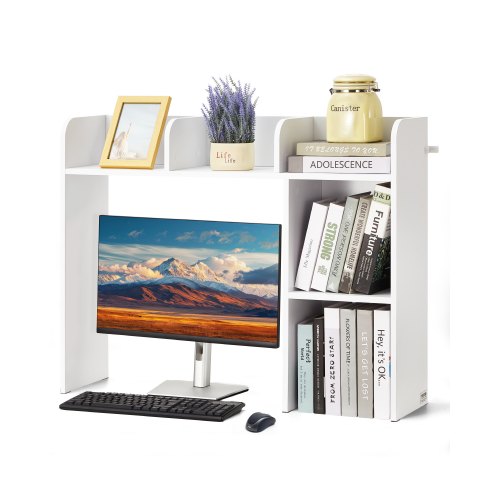 VEVOR Desktop Bookshelf, 2-Tier Desktop Storage Organizer, 37.2" x 9.5" x 28.9" Office Storage Rack Wood Display Shelf, Desktop Bookshelf Hutch with Anti-Slip Feet Pads, for Office, Home & Dorm, White