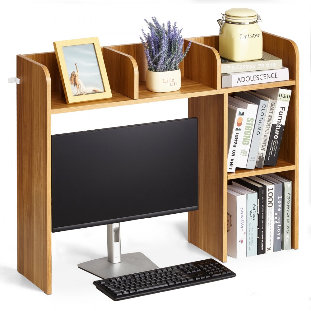 VEVOR Desktop Bookshelf, 2-Tier Wood Desktop Storage Organizer, 37.2" x 9.5" x 28.9" Office Storage Rack Wood Display Shelf, Desktop Bookshelf Hutch with Anti-Slip Feet Pads, for Office, Home & Dorm