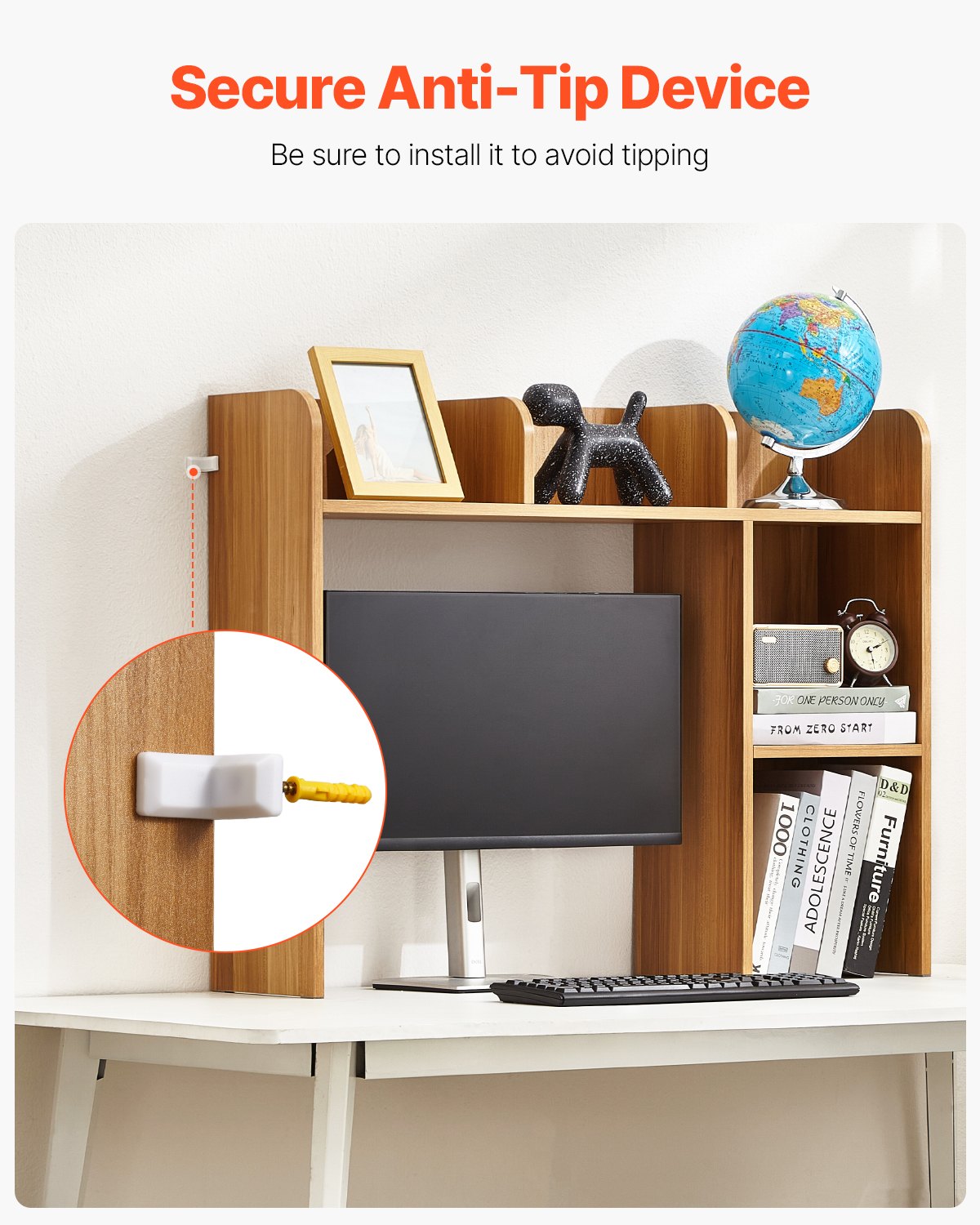 VEVOR Desktop Bookshelf, 2-Tier Wood Desktop Storage Organizer, 94.5 x 24.1 x 73.4 cm Office Storage Rack Wood Display Shelf, Desktop Bookshelf Hutch with Anti-Slip Feet Pads, for Office, Home & Dorm