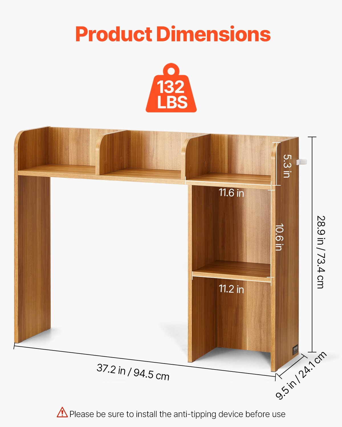 VEVOR Desktop Bookshelf, 2-Tier Wood Desktop Storage Organizer, 37.2" x 9.5" x 28.9" Office Storage Rack Wood Display Shelf, Desktop Bookshelf Hutch with Anti-Slip Feet Pads, for Office, Home & Dorm
