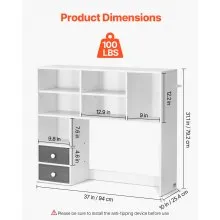 VEVOR Desktop Bookshelf, 3-Tier Desktop Storage Organizer, 37" x 10" x 31.1" Office Storage Rack Wood Display Shelf, Desktop Bookshelf Hutch with Two Fabric Drawers, for Office, Home & Dorm, White