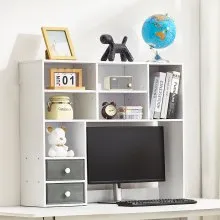 VEVOR Desktop Bookshelf, 3-Tier Desktop Storage Organizer, 37" x 10" x 31.1" Office Storage Rack Wood Display Shelf, Desktop Bookshelf Hutch with Two Fabric Drawers, for Office, Home & Dorm, White