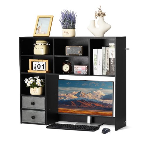 VEVOR Desktop Bookshelf, 3-Tier Desktop Storage Organizer, 37" x 10" x 31.1" Office Storage Rack Wood Display Shelf, Desktop Bookshelf Hutch with Two Fabric Drawers, for Office, Home & Dorm, Black