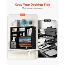VEVOR Desktop Bookshelf, 3-Tier Desktop Storage Organizer, 37" x 10" x 31.1" Office Storage Rack Wood Display Shelf, Desktop Bookshelf Hutch with Two Fabric Drawers, for Office, Home & Dorm, Black