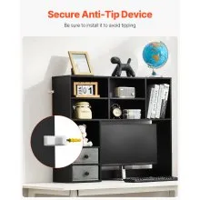 VEVOR Desktop Bookshelf, 3-Tier Desktop Storage Organizer, 37" x 10" x 31.1" Office Storage Rack Wood Display Shelf, Desktop Bookshelf Hutch with Two Fabric Drawers, for Office, Home & Dorm, Black