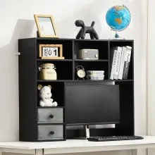 VEVOR Desktop Bookshelf, 3-Tier Desktop Storage Organizer, 37" x 10" x 31.1" Office Storage Rack Wood Display Shelf, Desktop Bookshelf Hutch with Two Fabric Drawers, for Office, Home & Dorm, Black