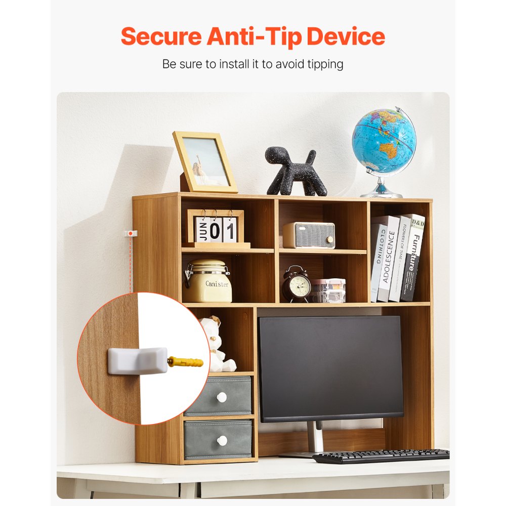 VEVOR Desktop Bookshelf, 3-Tier Wood Desktop Storage Organizer, 94 x 25.4 x 79.2 cm Office Storage Rack Wood Display Shelf, Desktop Bookshelf Hutch with Two Fabric Drawers, for Office, Home & Dorm