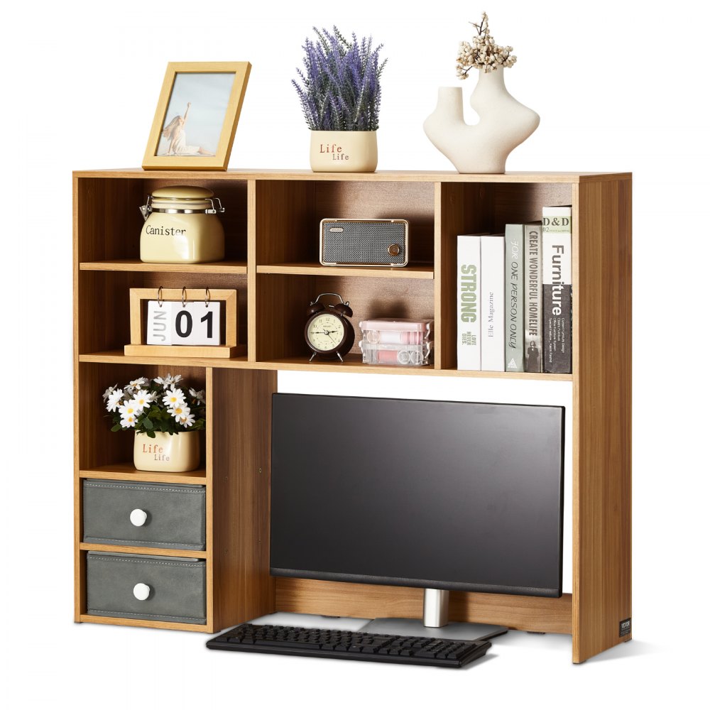 VEVOR Desktop Bookshelf, 3-Tier Wood Desktop Storage Organizer, 94 x 25.4 x 79.2 cm Office Storage Rack Wood Display Shelf, Desktop Bookshelf Hutch with Two Fabric Drawers, for Office, Home & Dorm
