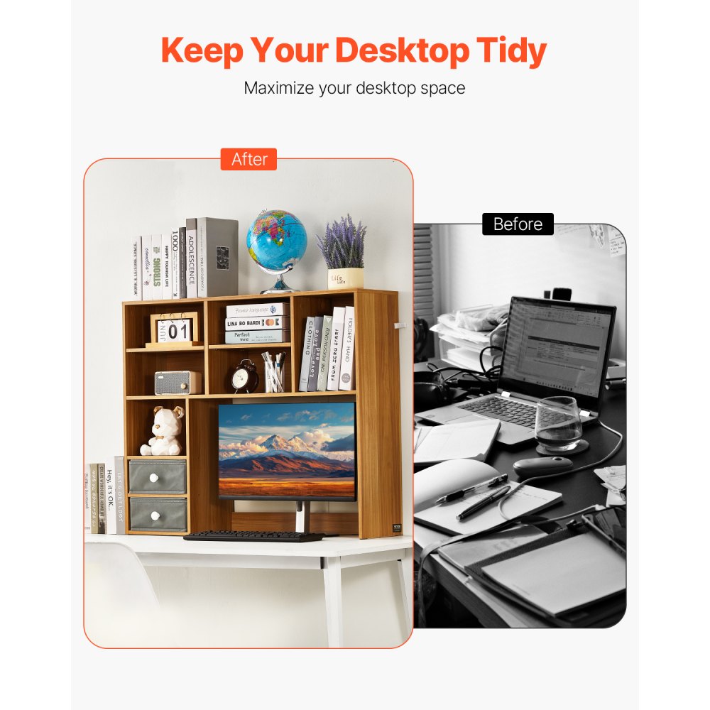 VEVOR Desktop Bookshelf, 3-Tier Wood Desktop Storage Organizer, 37" x 10" x 31.1" Office Storage Rack Wood Display Shelf, Desktop Bookshelf Hutch with Two Fabric Drawers, for Office, Home & Dorm