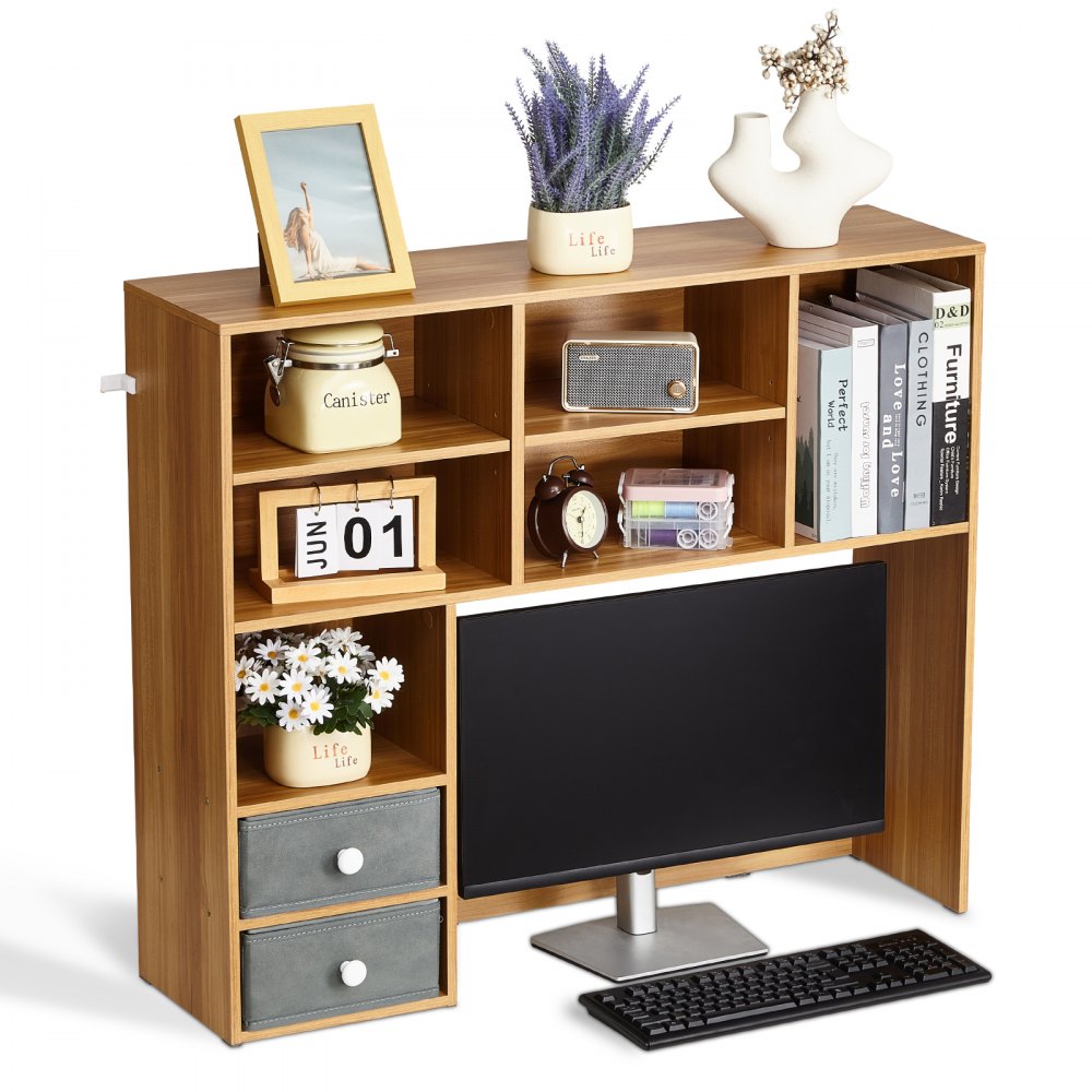 VEVOR Desktop Bookshelf, 3-Tier Wood Desktop Storage Organizer, 37" x 10" x 31.1" Office Storage Rack Wood Display Shelf, Desktop Bookshelf Hutch with Two Fabric Drawers, for Office, Home & Dorm
