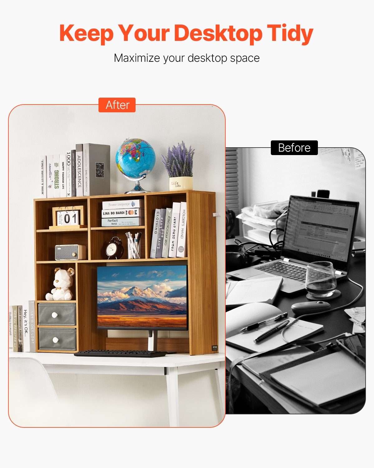 VEVOR Desktop Bookshelf, 3-Tier Wood Desktop Storage Organizer, 94 x 25.4 x 79.2 cm Office Storage Rack Wood Display Shelf, Desktop Bookshelf Hutch with Two Fabric Drawers, for Office, Home & Dorm