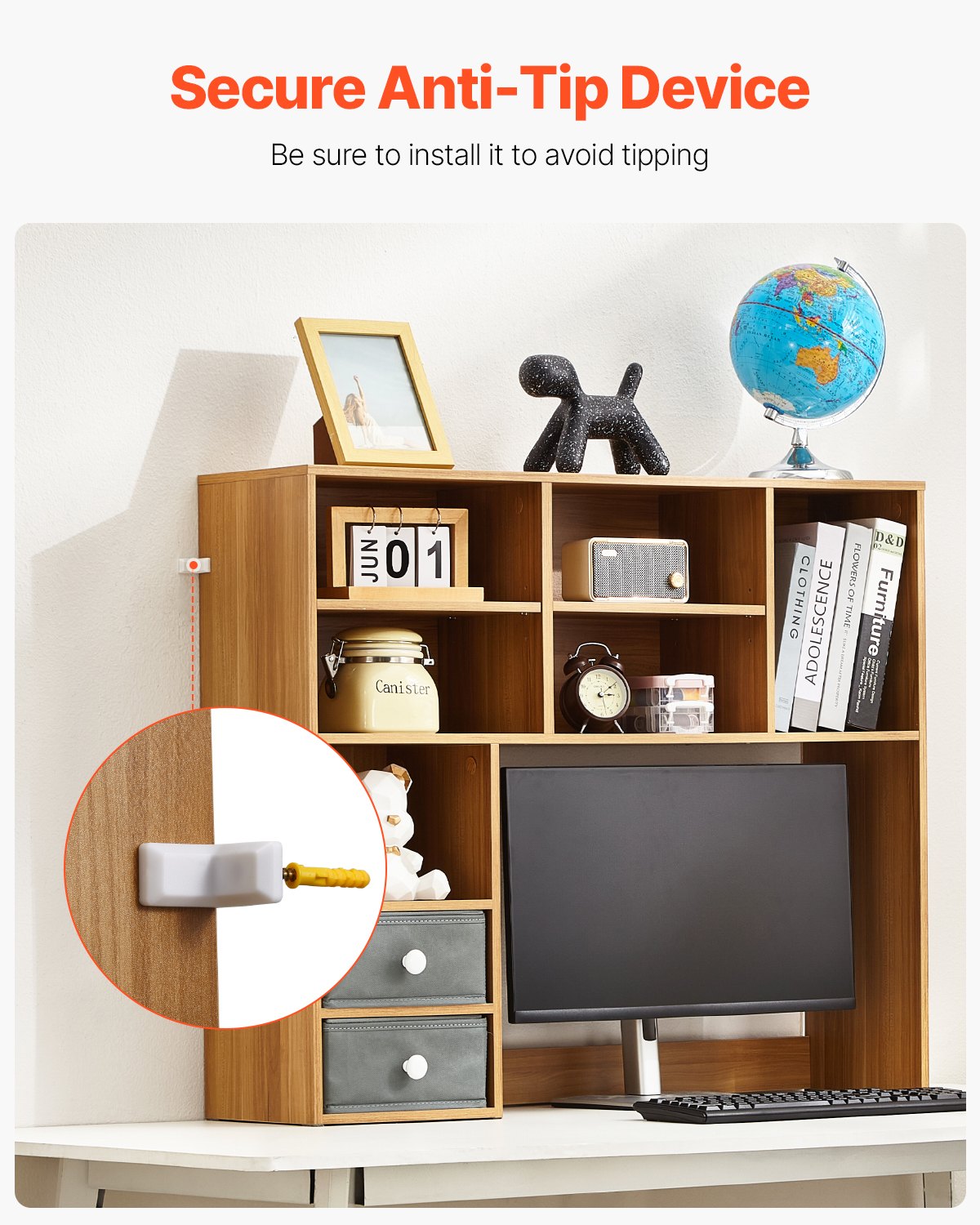 VEVOR Desktop Bookshelf, 3-Tier Wood Desktop Storage Organizer, 94 x 25.4 x 79.2 cm Office Storage Rack Wood Display Shelf, Desktop Bookshelf Hutch with Two Fabric Drawers, for Office, Home & Dorm