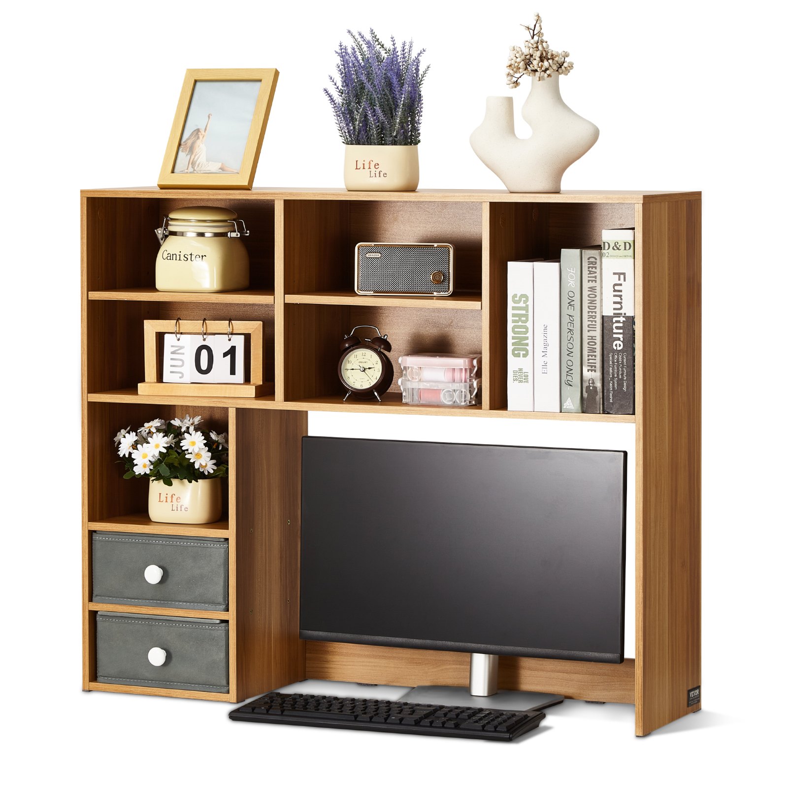 VEVOR Desktop Bookshelf, 3-Tier Wood Desktop Storage Organizer, 94 x 25.4 x 79.2 cm Office Storage Rack Wood Display Shelf, Desktop Bookshelf Hutch with Two Fabric Drawers, for Office, Home & Dorm