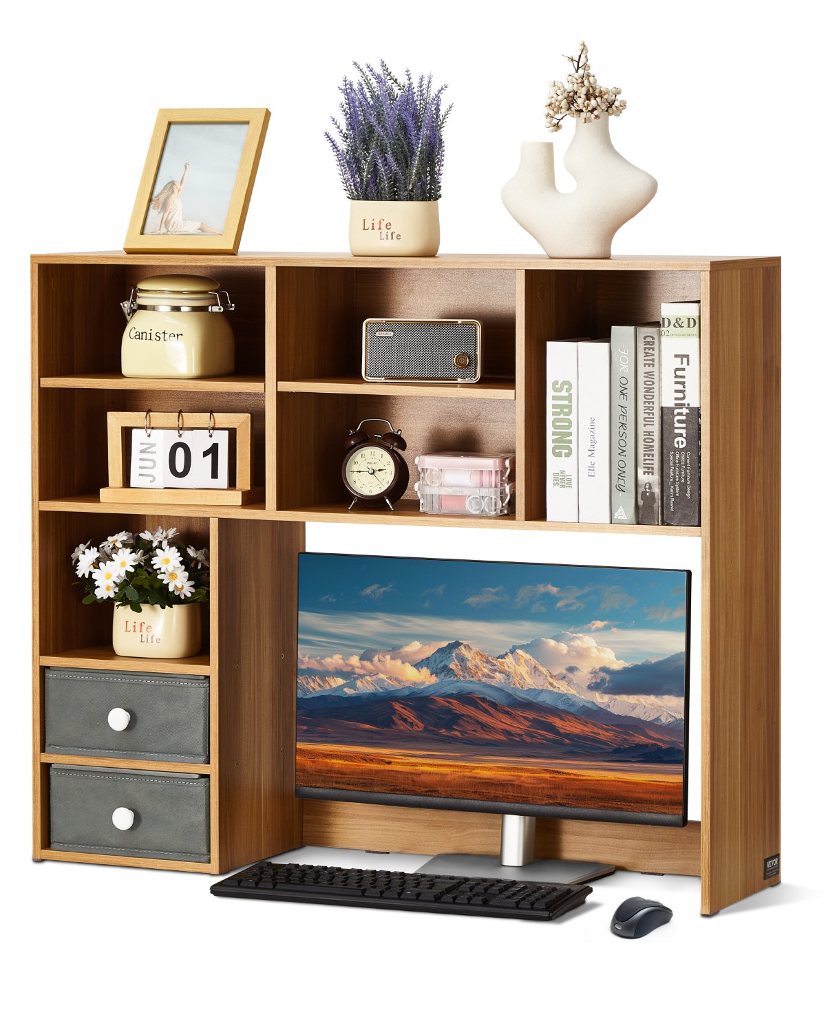 VEVOR Desktop Bookshelf, 3-Tier Wood Desktop Storage Organizer, 37" x 10" x 31.1" Office Storage Rack Wood Display Shelf, Desktop Bookshelf Hutch with Two Fabric Drawers, for Office, Home & Dorm