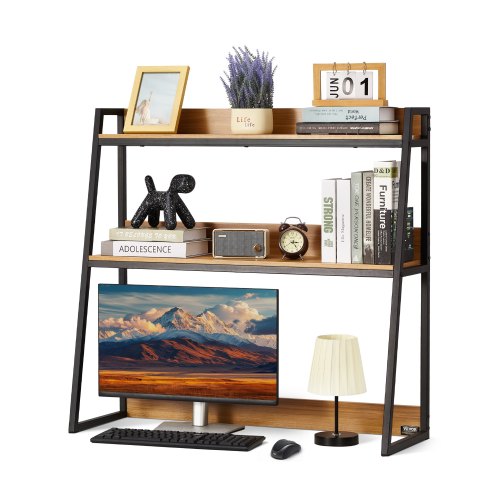 VEVOR Desktop Bookshelf, 2-Tier Desktop Storage Organizer, 37.4" x 12.6" x 35.4" Office Storage Rack Wood Color Display Shelf, Desktop Bookshelf Hutch with Anti-Slip Feet Pads, for Office, Home & Dorm