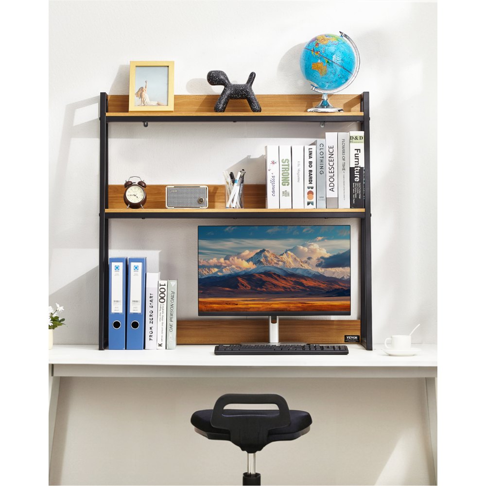 VEVOR Desktop Bookshelf, 2-Tier Desktop Storage Organizer, 95 x 32 x 90 cm Office Storage Rack Wood Color Display Shelf, Desktop Bookshelf Hutch with Anti-Slip Feet Pads, for Office, Home and Dorm