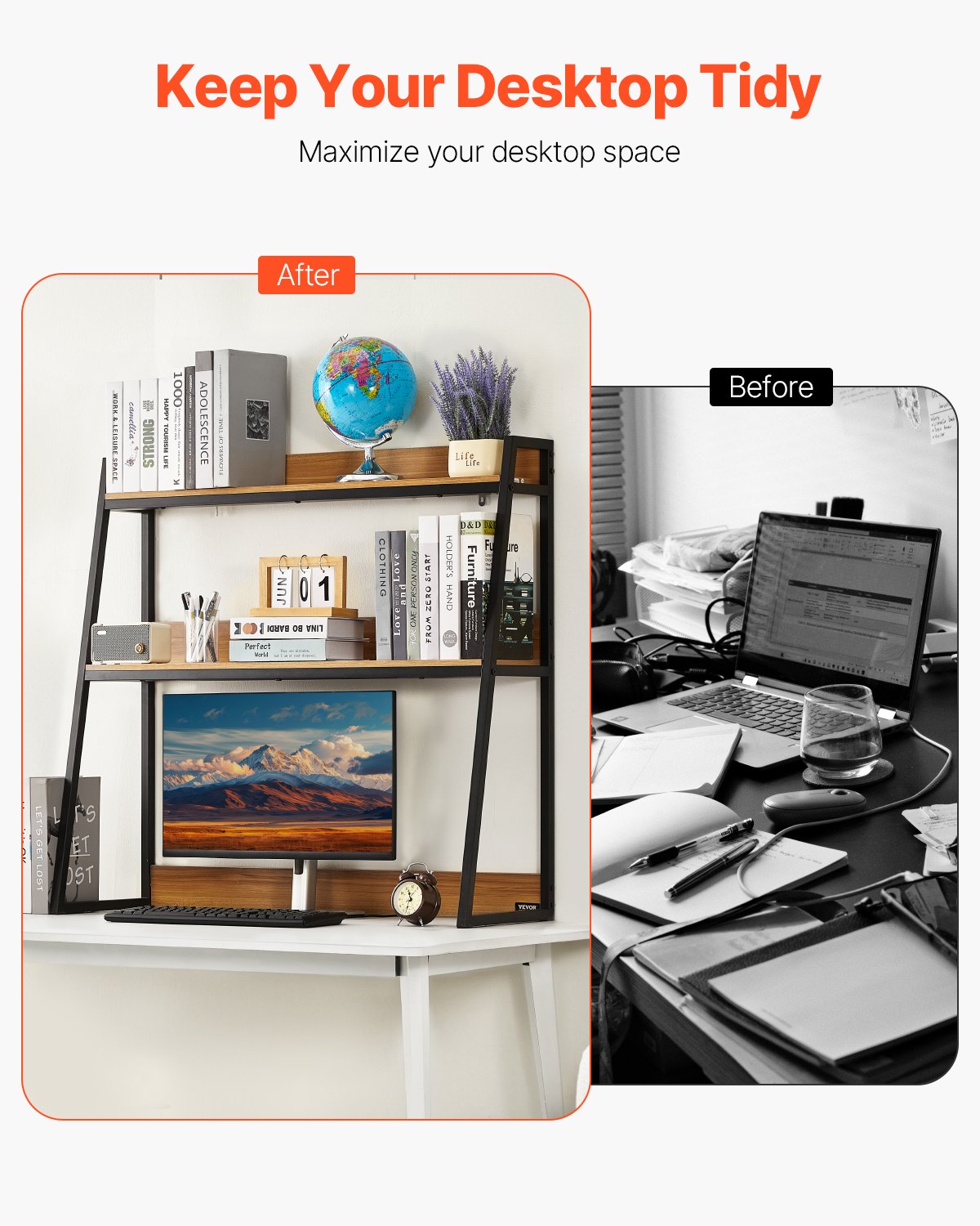 VEVOR Desktop Bookshelf, 2-Tier Desktop Storage Organizer, 95 x 32 x 90 cm Office Storage Rack Wood Color Display Shelf, Desktop Bookshelf Hutch with Anti-Slip Feet Pads, for Office, Home and Dorm