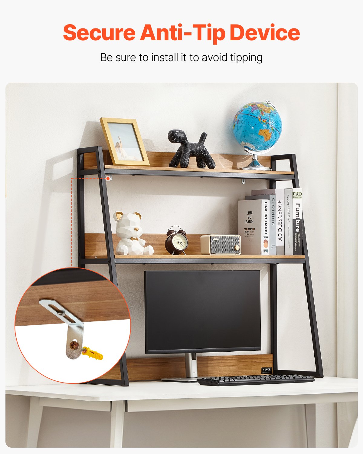 VEVOR Desktop Bookshelf, 2-Tier Desktop Storage Organizer, 95 x 32 x 90 cm Office Storage Rack Wood Color Display Shelf, Desktop Bookshelf Hutch with Anti-Slip Feet Pads, for Office, Home and Dorm