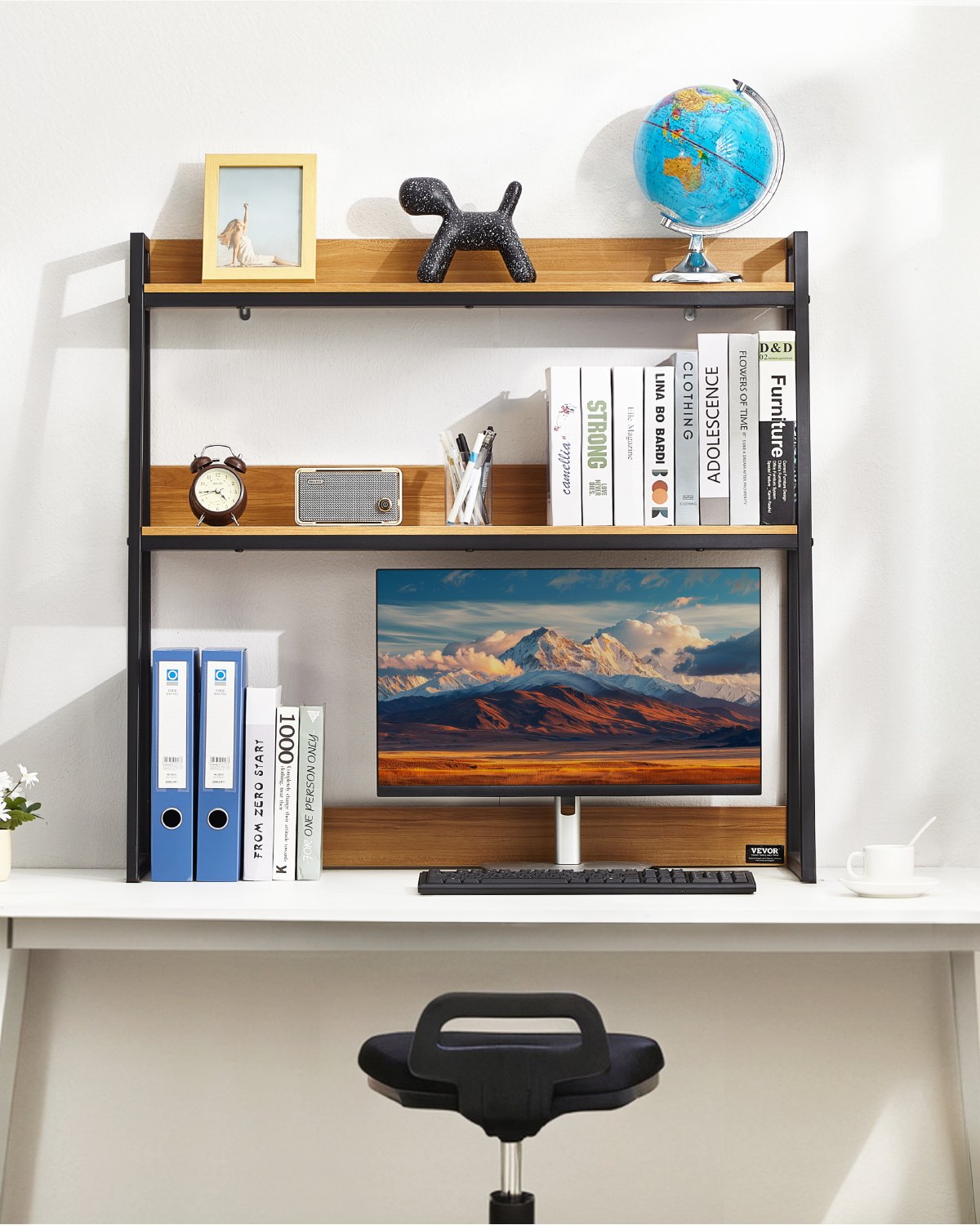 VEVOR Desktop Bookshelf, 2-Tier Desktop Storage Organizer, 95 x 32 x 90 cm Office Storage Rack Wood Color Display Shelf, Desktop Bookshelf Hutch with Anti-Slip Feet Pads, for Office, Home and Dorm