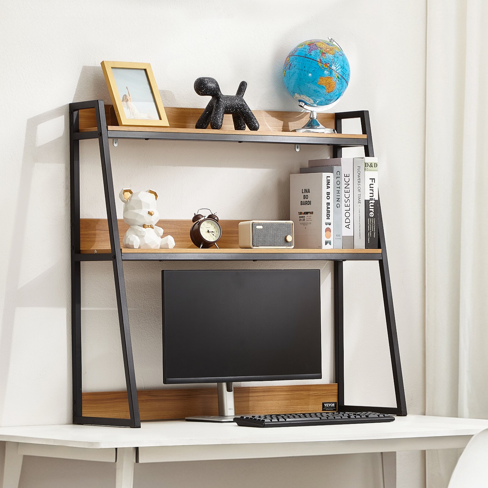 VEVOR Desktop Bookshelf, 2-Tier Desktop Storage Organizer, 95 x 32 x 90 cm Office Storage Rack Wood Color Display Shelf, Desktop Bookshelf Hutch with Anti-Slip Feet Pads, for Office, Home and Dorm