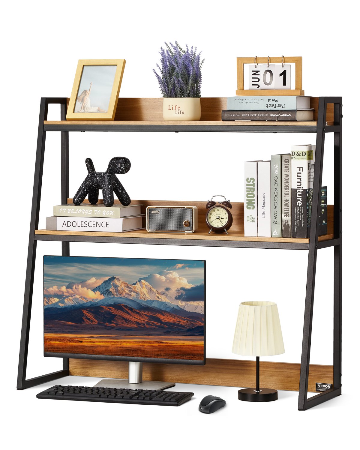VEVOR Desktop Bookshelf, 2-Tier Desktop Storage Organizer, 95 x 32 x 90 cm Office Storage Rack Wood Color Display Shelf, Desktop Bookshelf Hutch with Anti-Slip Feet Pads, for Office, Home and Dorm