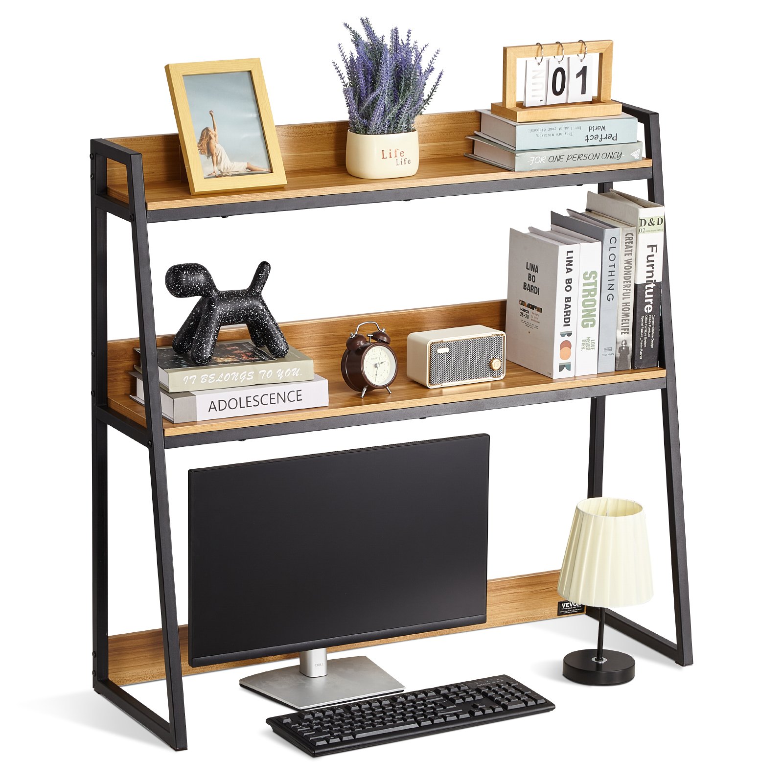 VEVOR Desktop Bookshelf, 2-Tier Desktop Storage Organizer, 95 x 32 x 90 cm Office Storage Rack Wood Color Display Shelf, Desktop Bookshelf Hutch with Anti-Slip Feet Pads, for Office, Home and Dorm