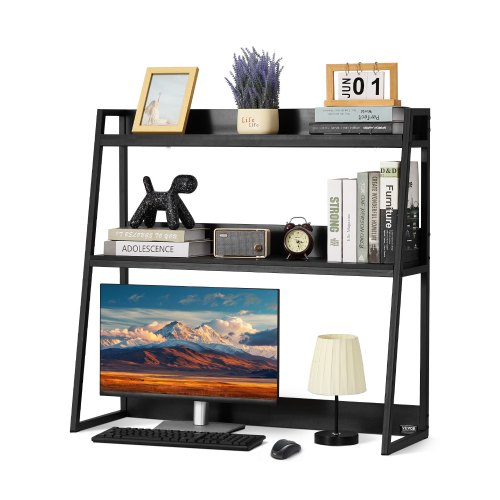 VEVOR Desktop Bookshelf, 2-Tier Desktop Storage Organizer, 37.4" x 12.6" x 35.4" Office Desk Storage Rack Display Shelf, Desktop Bookshelf Hutch with Anti-Slip Feet Pads, for Office, Home & Dorm, Black